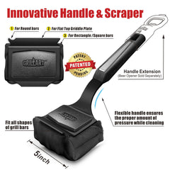 GRILLART brush in use on cast iron grate providing 360-degree cleaning benefit