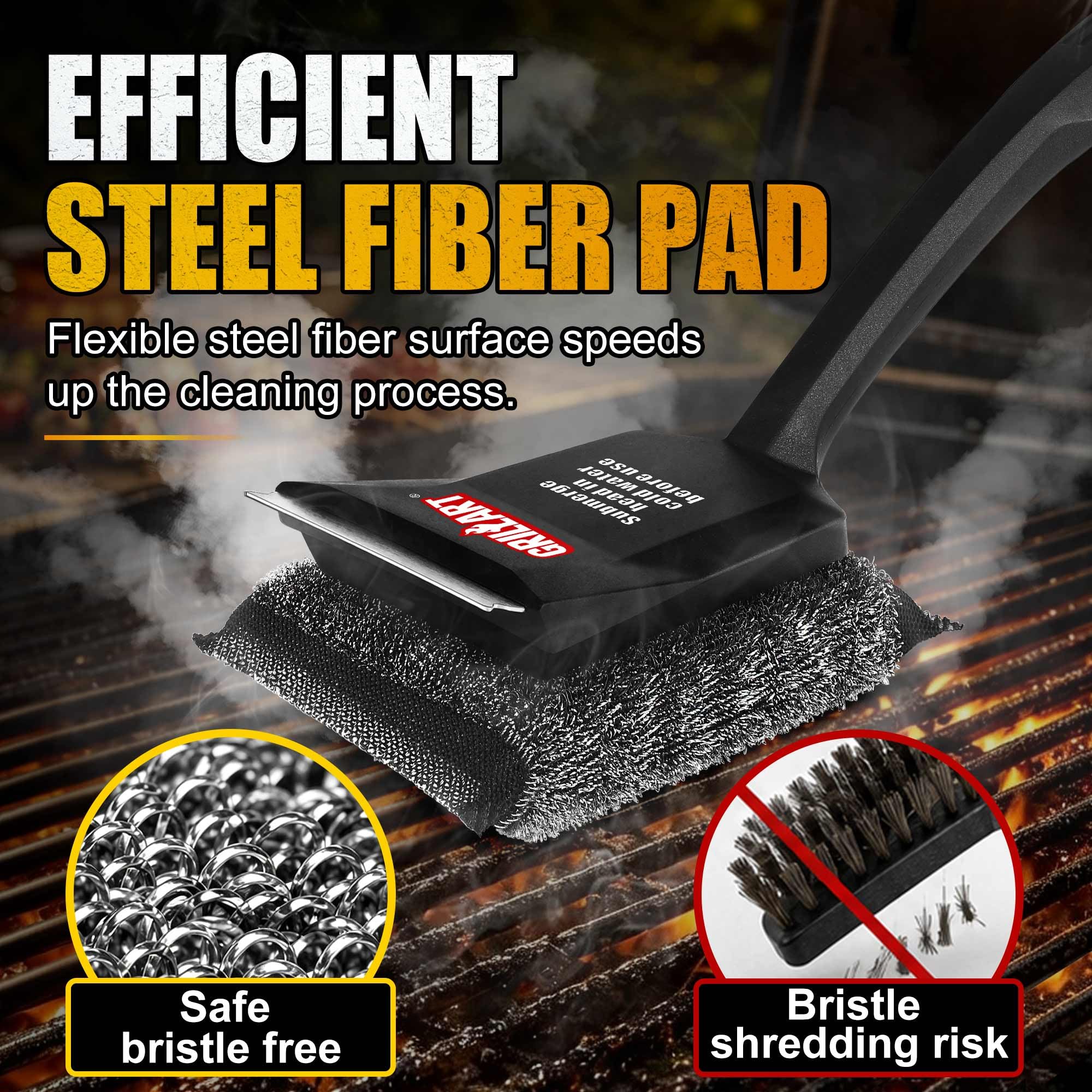 GRILLART brush in use producing steam to loosen tough residue quickly