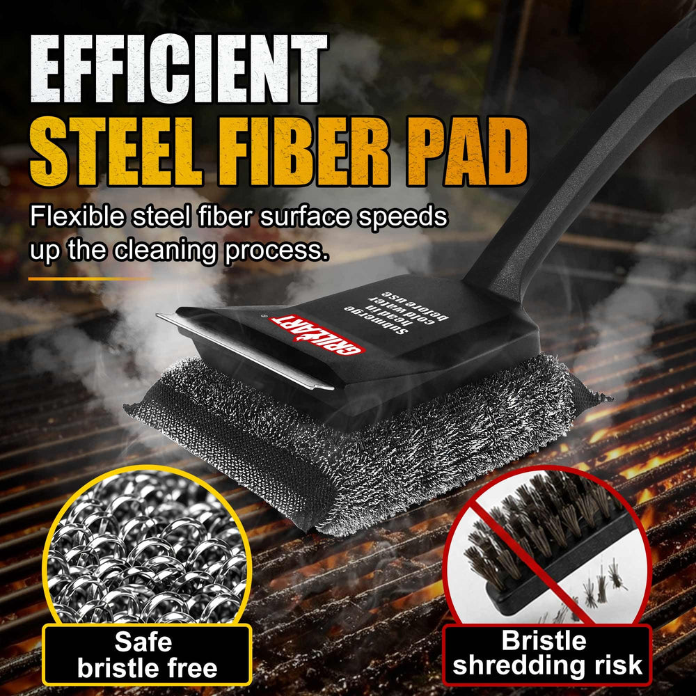 GRILLART brush in use producing steam to loosen tough residue quickly