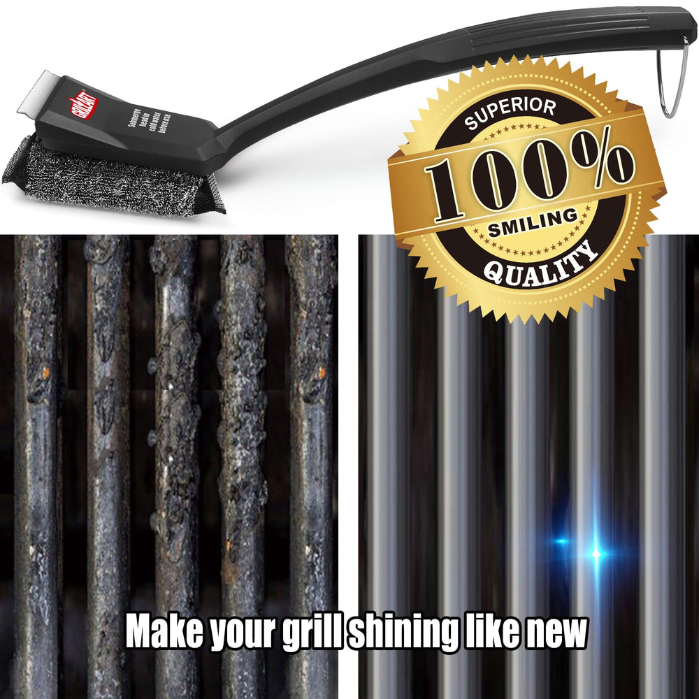 GRILLART brush beside a backyard grill illustrating safer, effortless maintenance