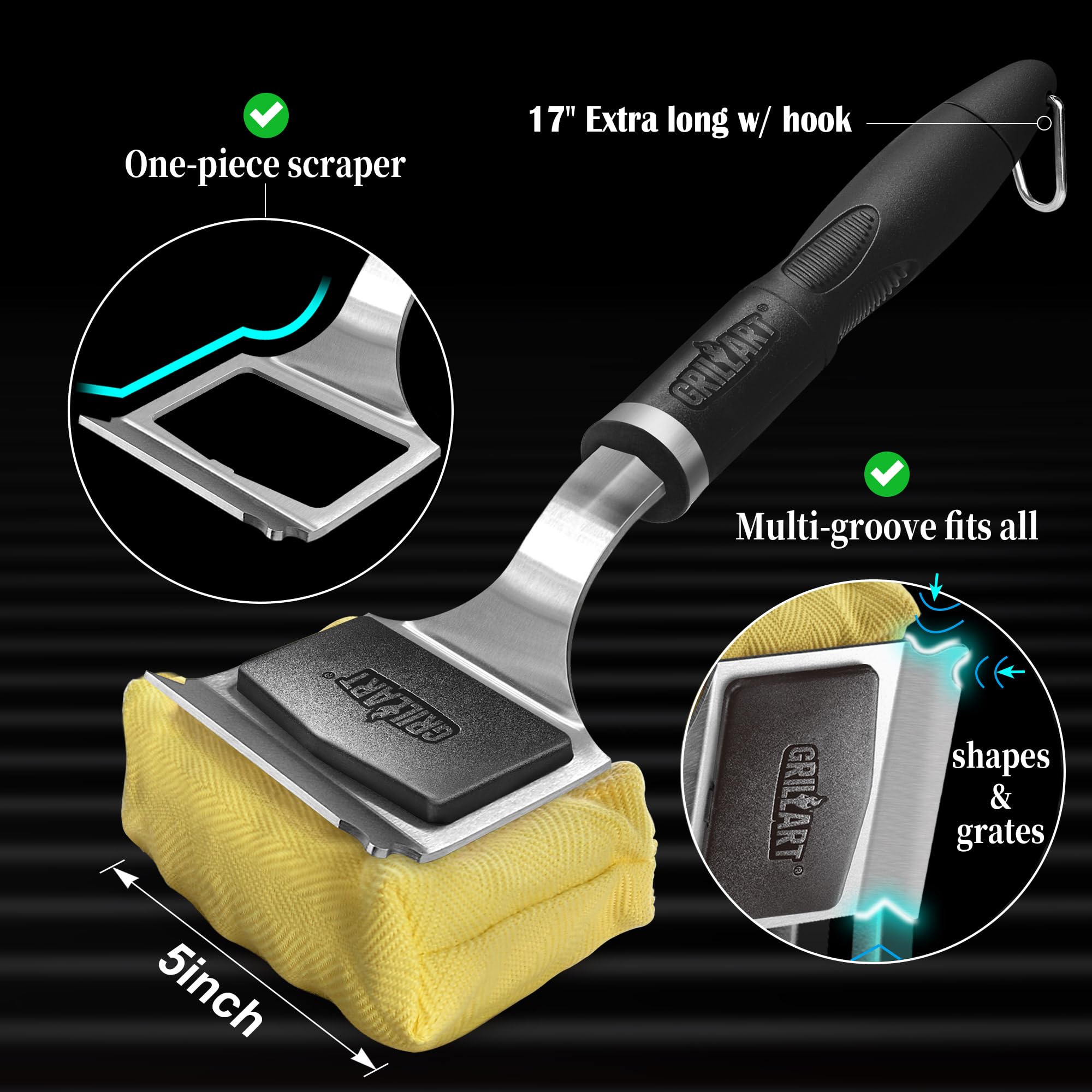 GRILLART size comparison beside grill tongs to show 17-inch scale