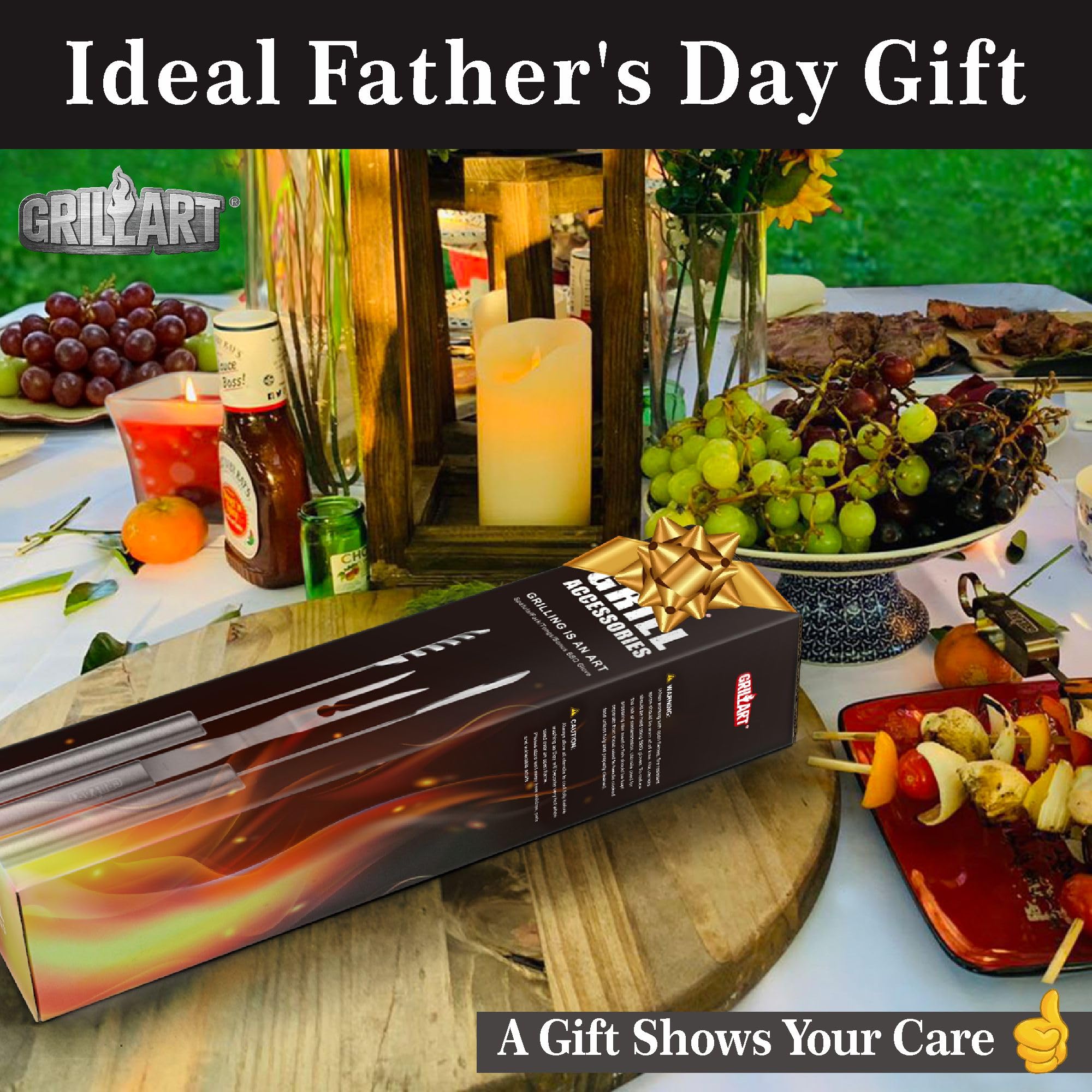 GRILLART set next to soda can to show scale and 16-inch handle reach benefit
