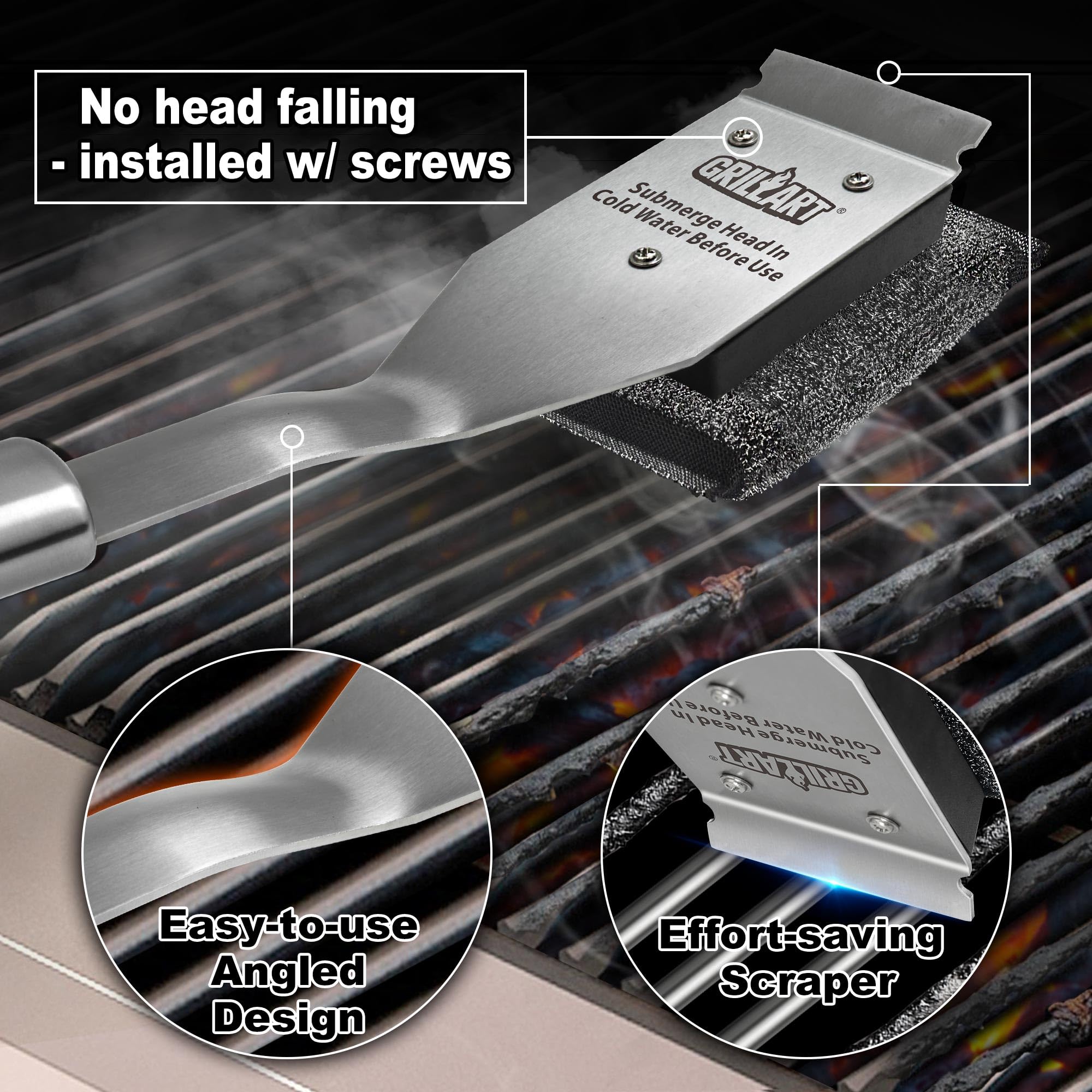 GRILLART head next to ruler showing size for proper reach and cleaning coverage