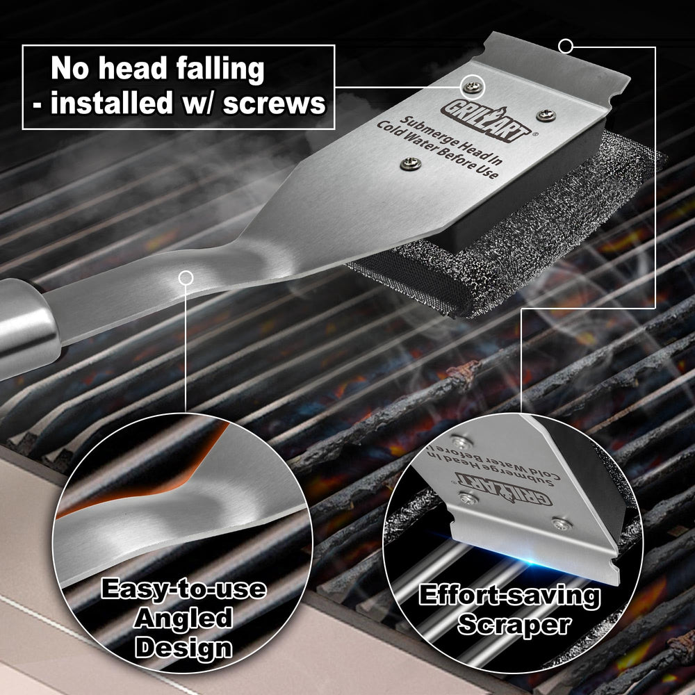 GRILLART head next to ruler showing size for proper reach and cleaning coverage