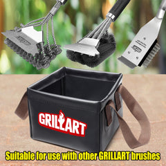 GRILLART soak basin attached to handle cleaning a grill demonstrating easy use