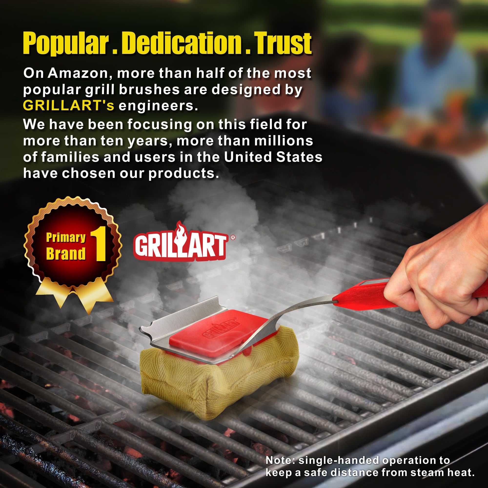 GRILLART extended-handle shot showing increased reach and safer distance from hot grates