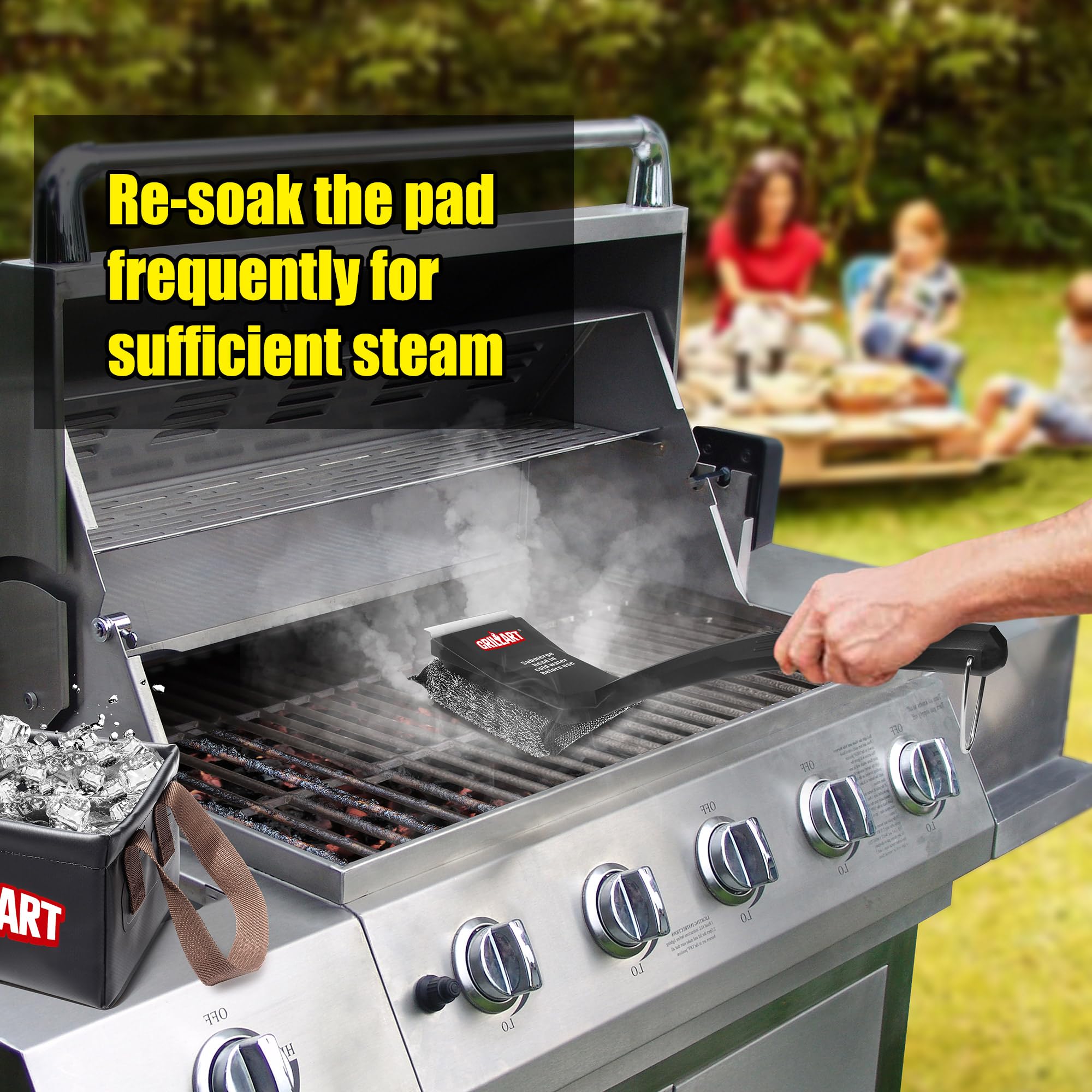 GRILLART SteamWizards cleaning flat-top griddle surface proving gentle effective finish