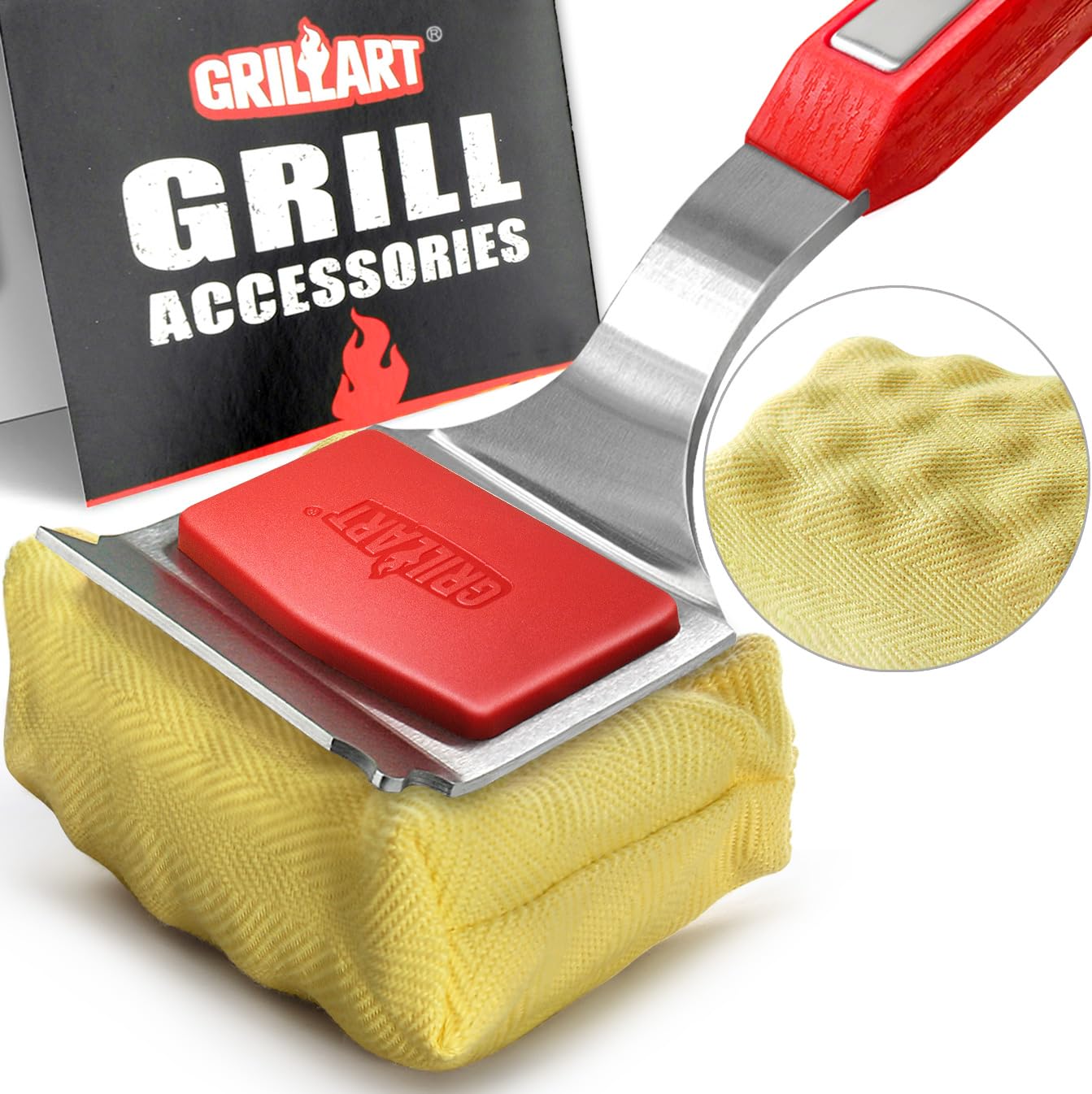 GRILLART SteamWizards front view showing bristle-free pad and stainless handle for safer cleaning