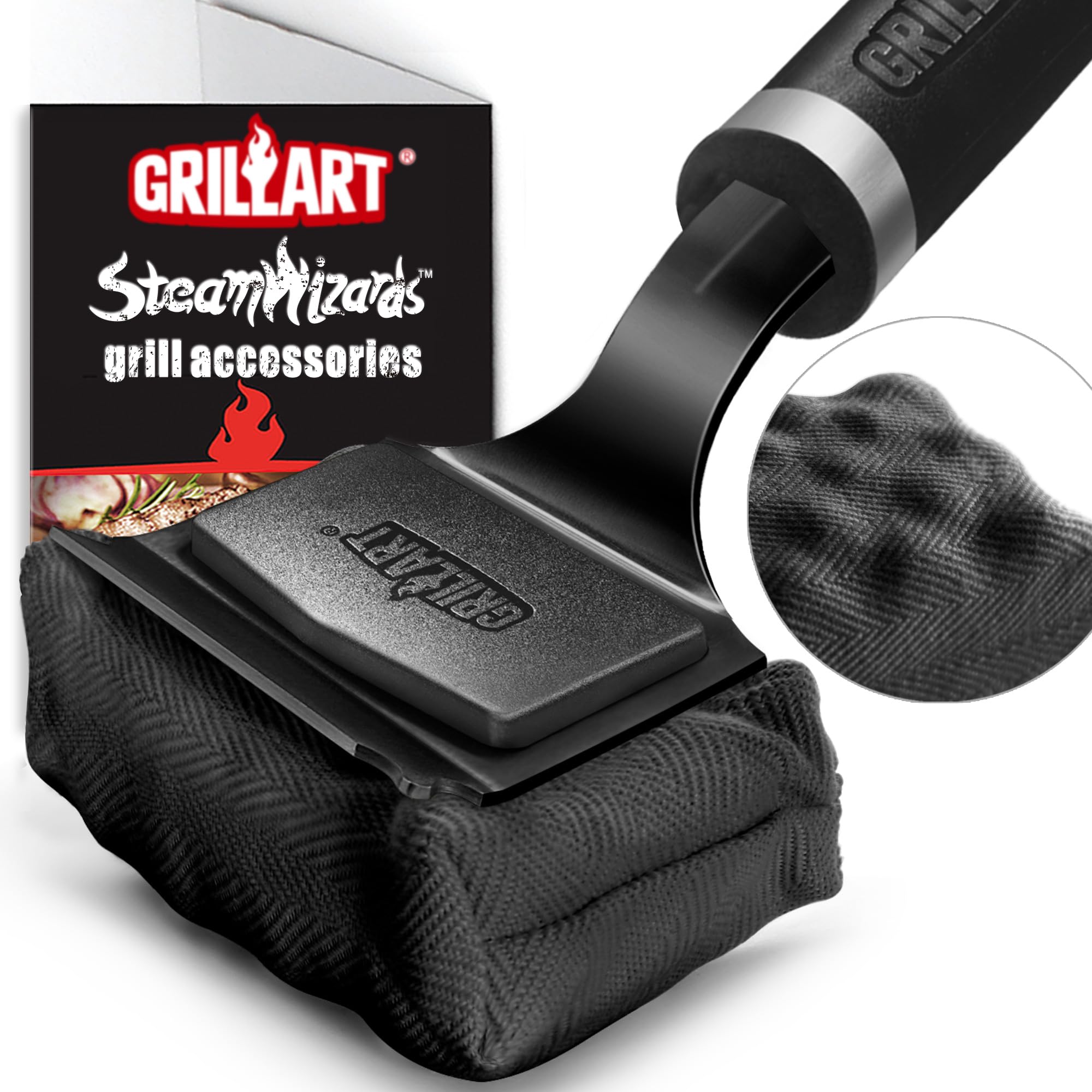GRILLART SteamWizards front view showing full 17-inch brush and head, safer cleaning