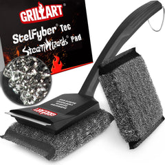 GRILLART front view of SteamWizards brush showing handle and attached pad for safer cleaning
