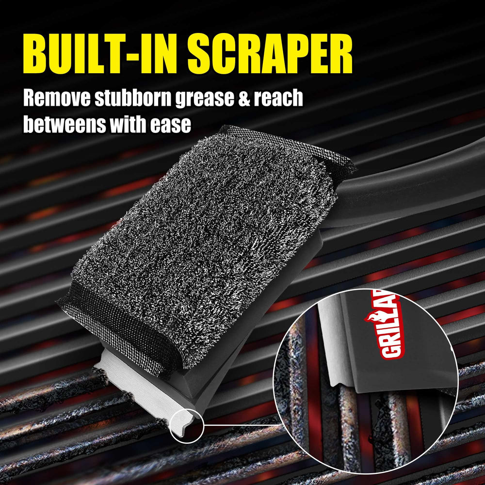GRILLART brush in use on grill grates showing efficient buildup removal and time savings