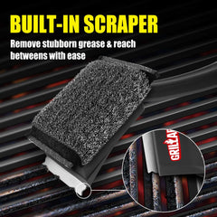 GRILLART brush in use on grill grates showing efficient buildup removal and time savings