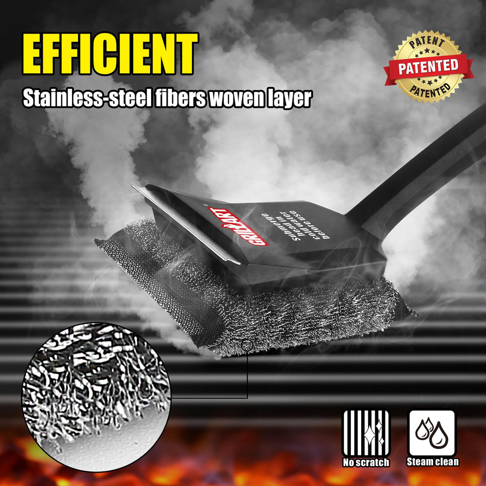 GRILLART detail of built-in metal scraper removing heavy grease for easier cleaning