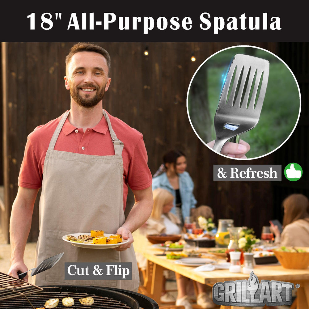 GRILLART tools in use over charcoal grill demonstrating safe 18-inch reach