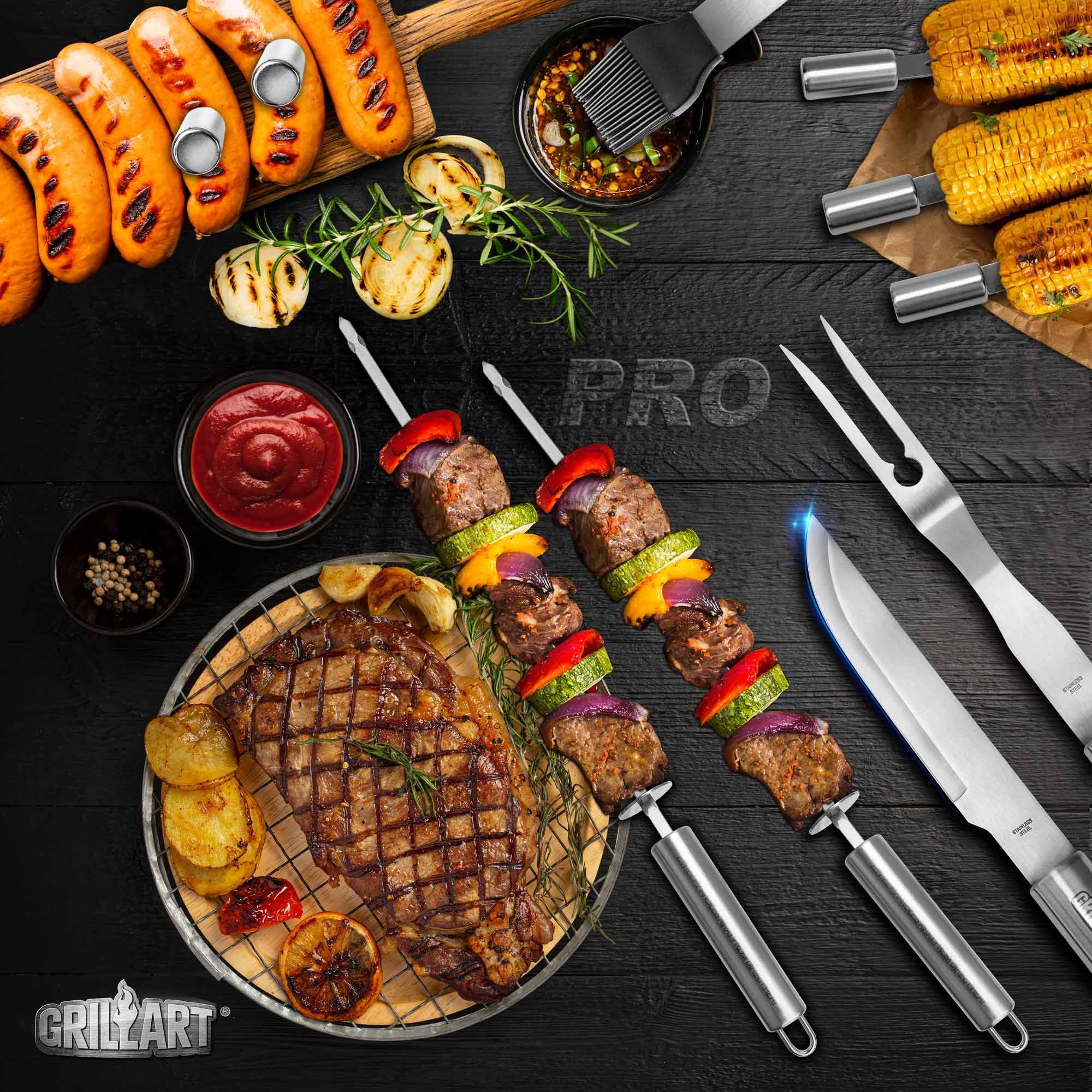 GRILLART tools in use on a charcoal grill demonstrating heat-resistant handling
