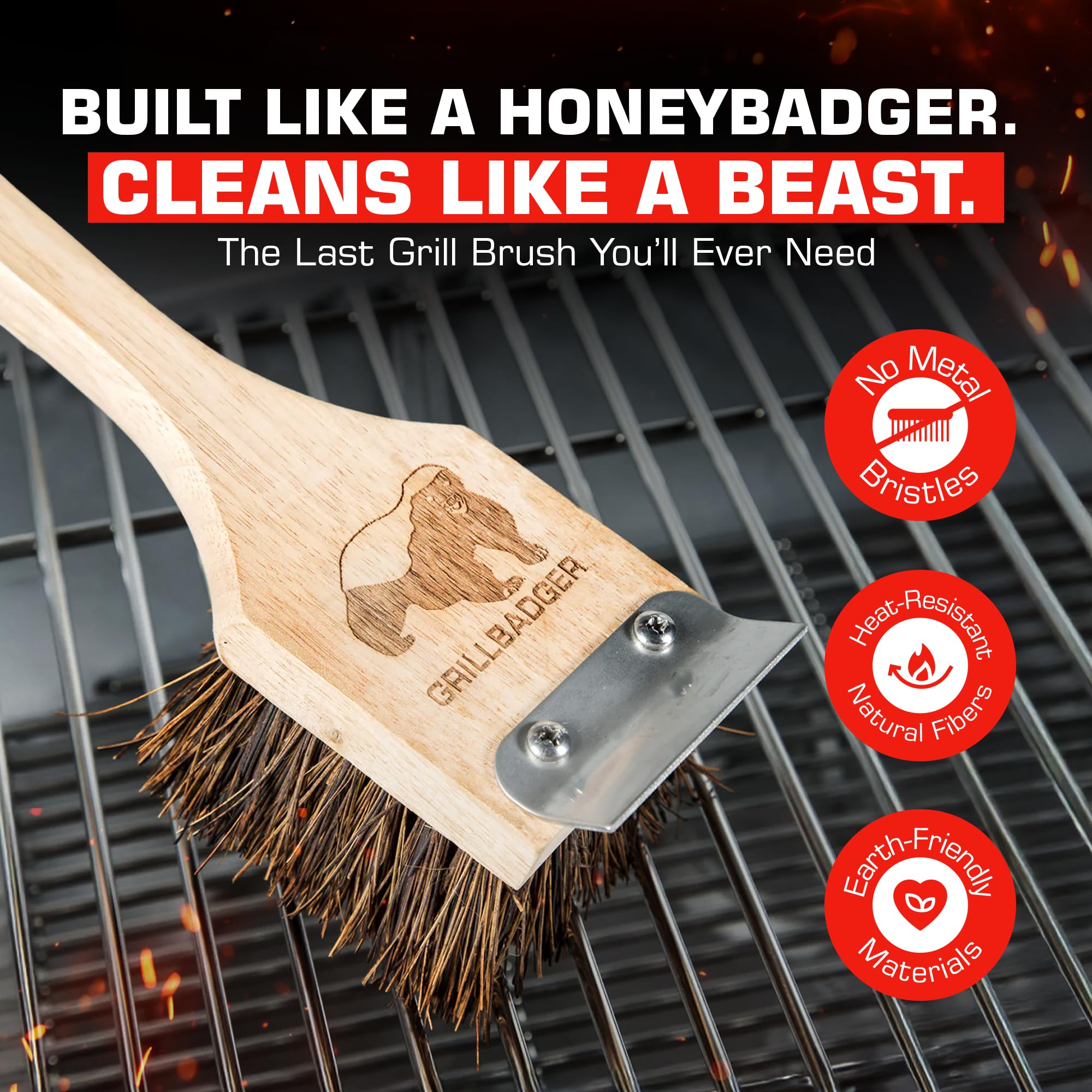 GRILLBADGER bristle close-up showing heat-resistant fibers for effective scraping