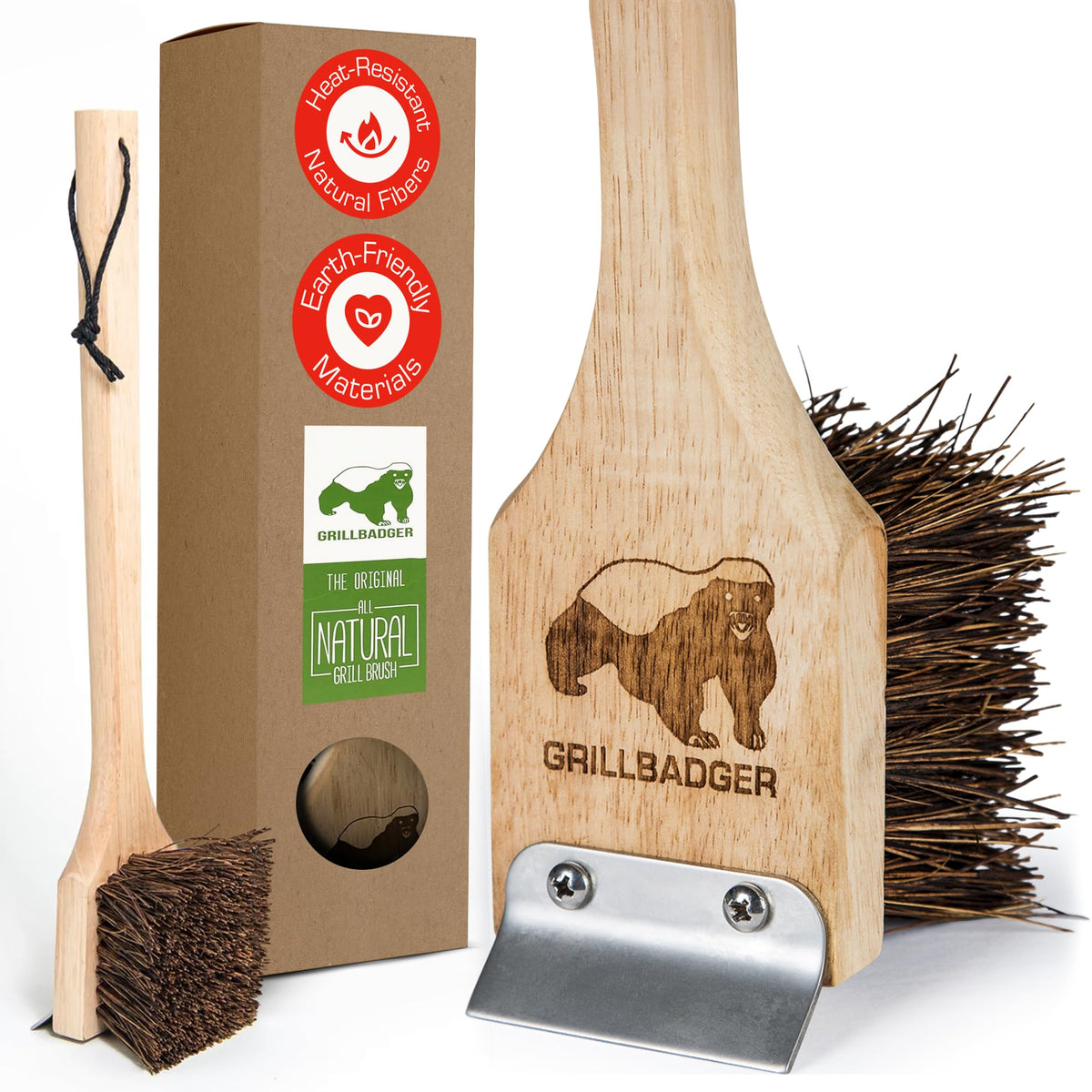 GRILLBADGER wooden brush front view showing sturdy design and safe cleaning
