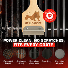 GRILLBADGER brush in use on hot grill demonstrating immediate post-cook cleaning