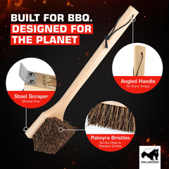 GRILLBADGER scraper edge detail highlighting wooden bevel for stubborn residue