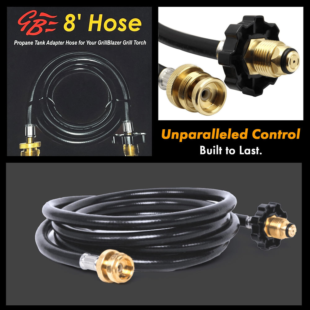 GRILLBLAZER hose connected to GrillGun demonstrating safe extended distance from tank