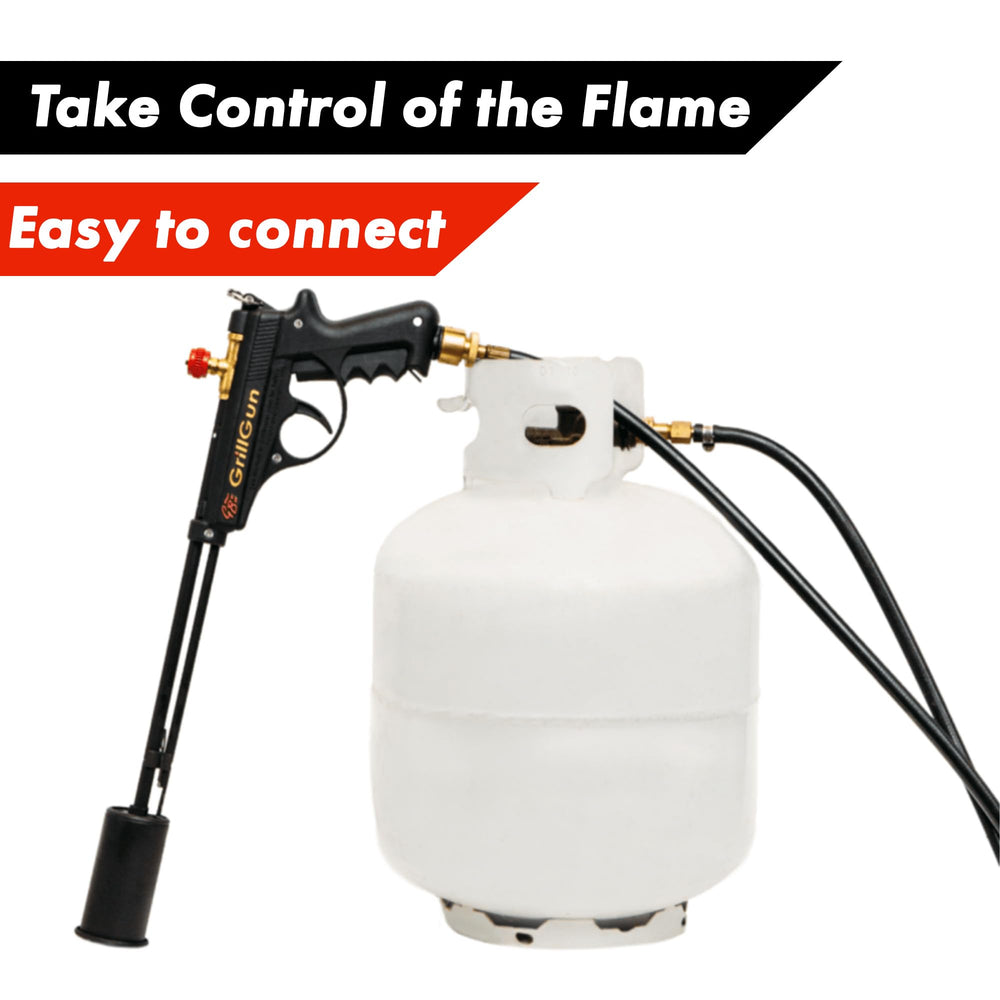 GRILLBLAZER adapter attached to 20lb tank valve showing stable, ergonomic connection