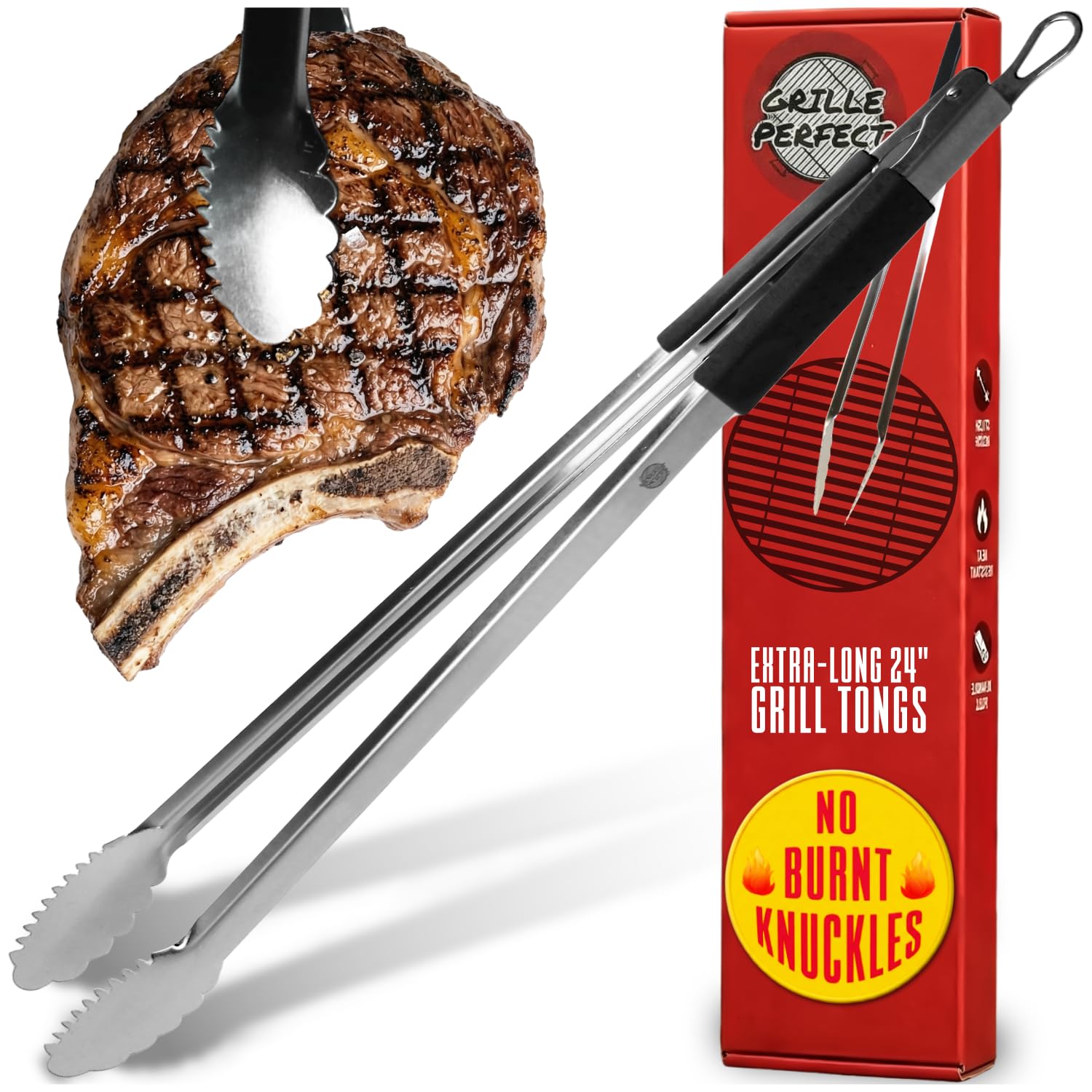 Grille Perfect front view showing 24-inch tongs and dual-head design for versatility