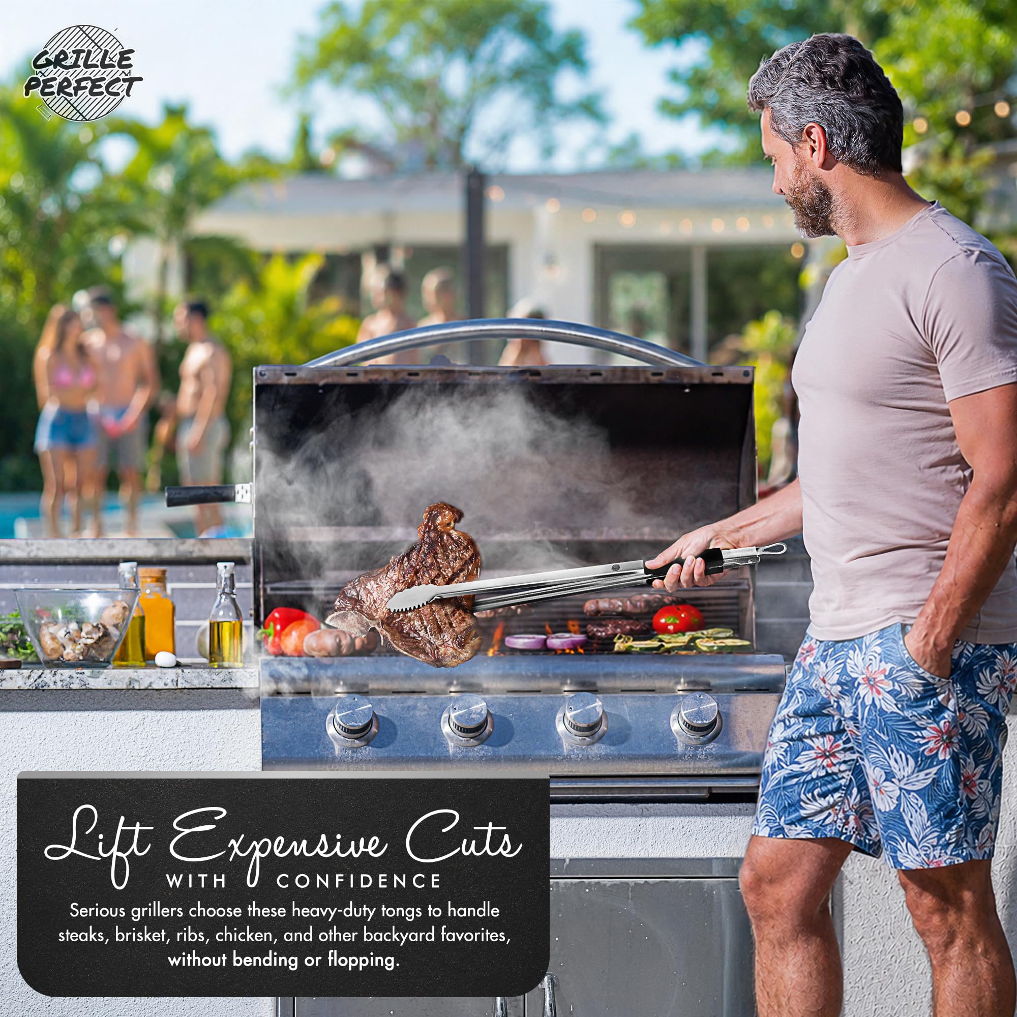 Grille Perfect tongs in use over charcoal protecting hands from heat and flare-ups