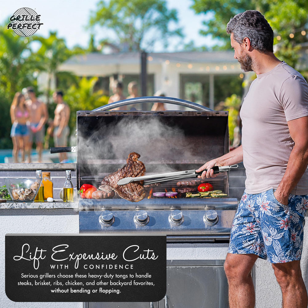 Grille Perfect tongs in use over charcoal protecting hands from heat and flare-ups
