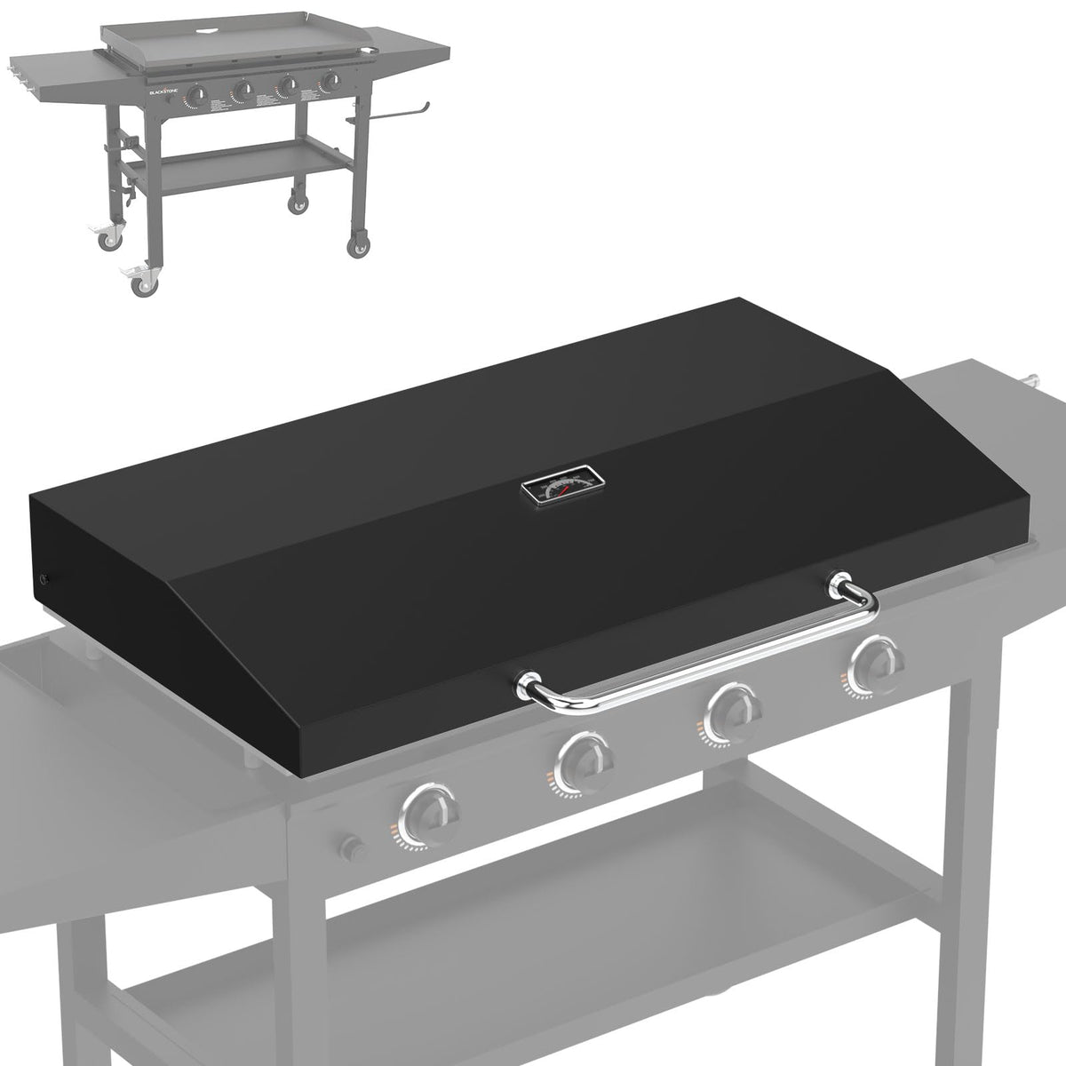 Grilleroy front view of 36-inch hinged lid showing full coverage and durability