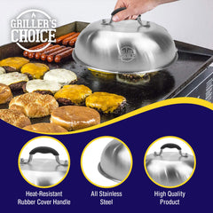 Grillers Choice cast iron press closeup highlighting weight and searing performance