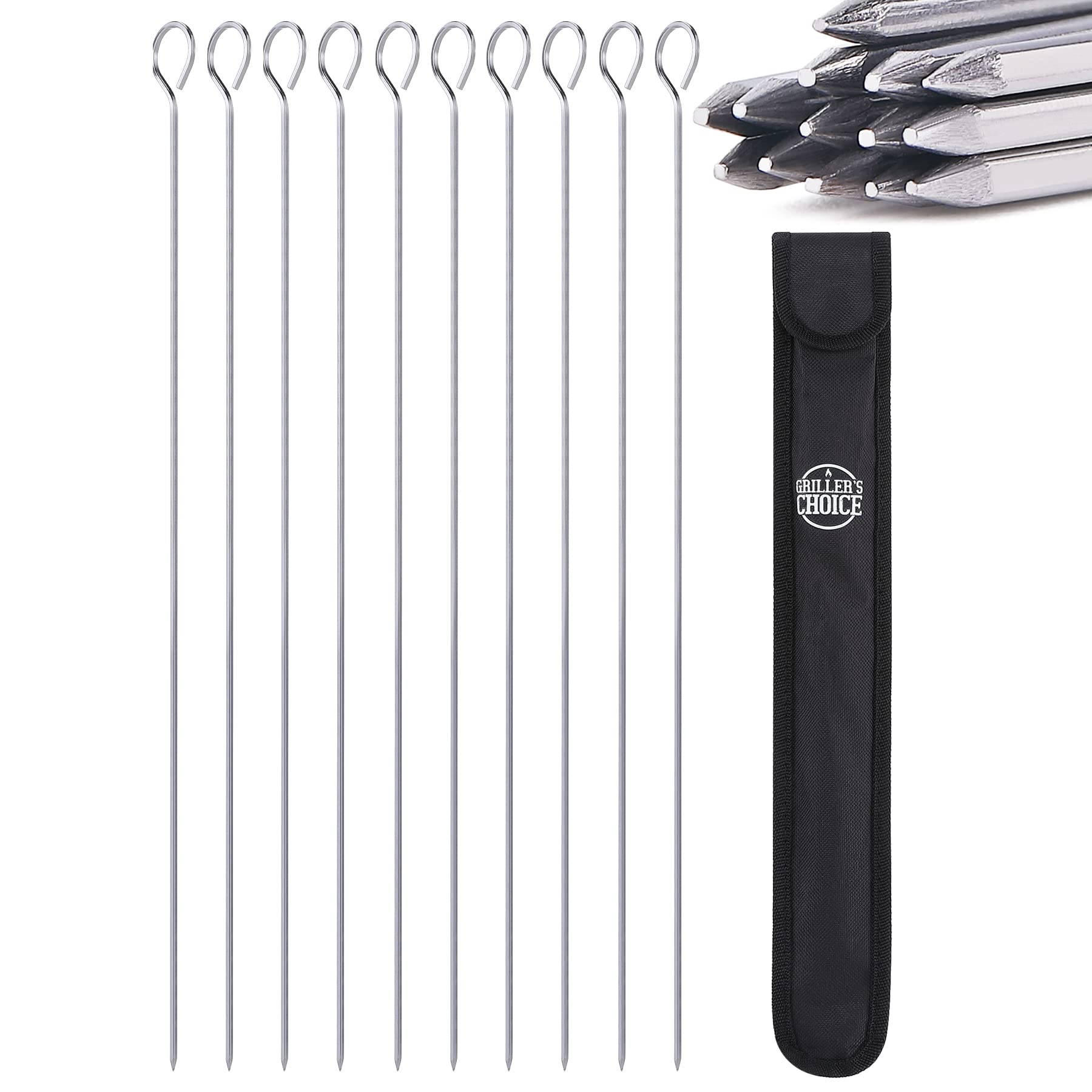 Grillers Choice front view of 14 skewers showing durable stainless steel and length benefit