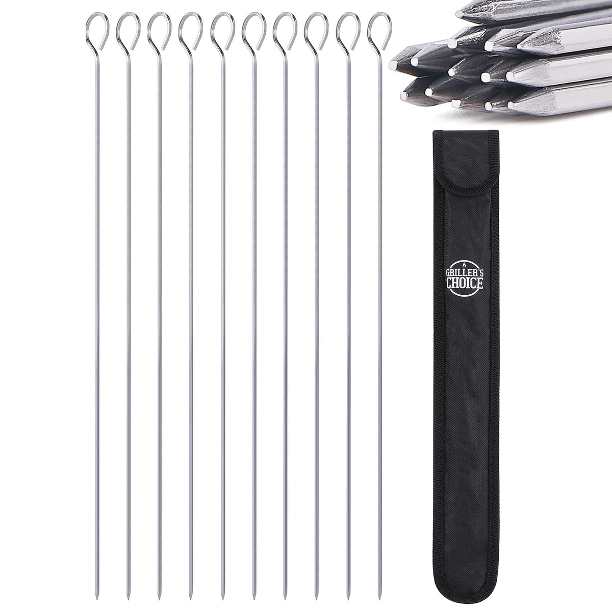 Grillers Choice front view of 14 skewers showing durable stainless steel and length benefit