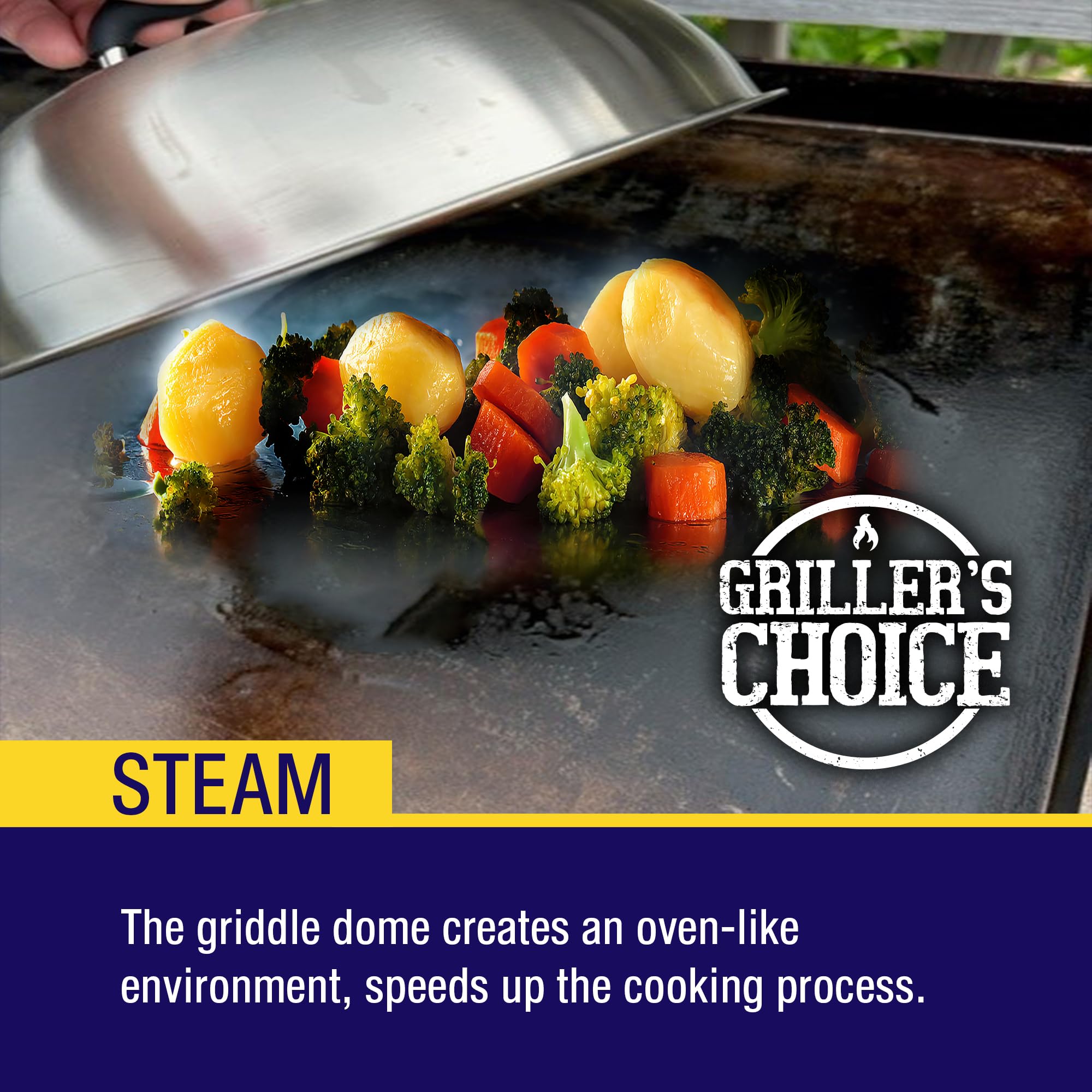 Grillers Choice press in use on burger for even contact and faster browning