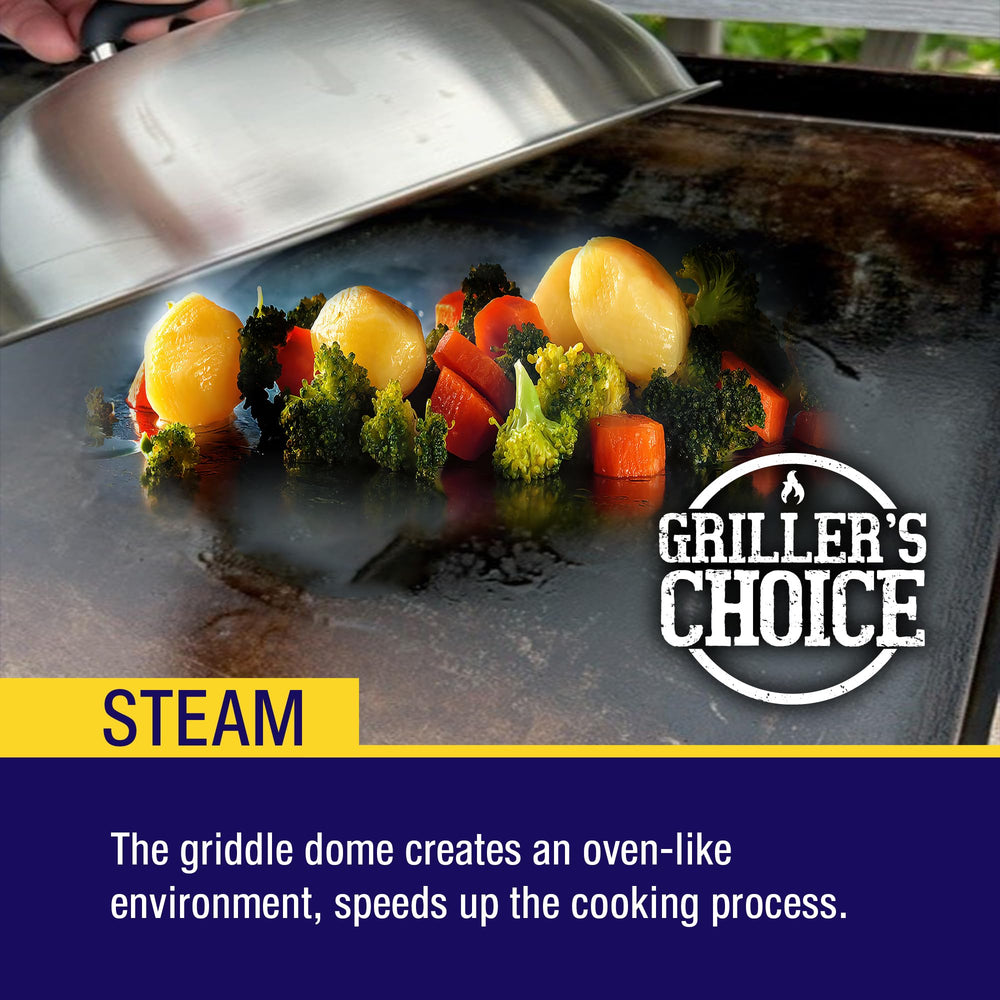 Grillers Choice press in use on burger for even contact and faster browning