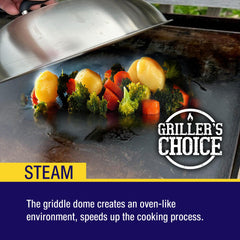 Grillers Choice press in use on burger for even contact and faster browning