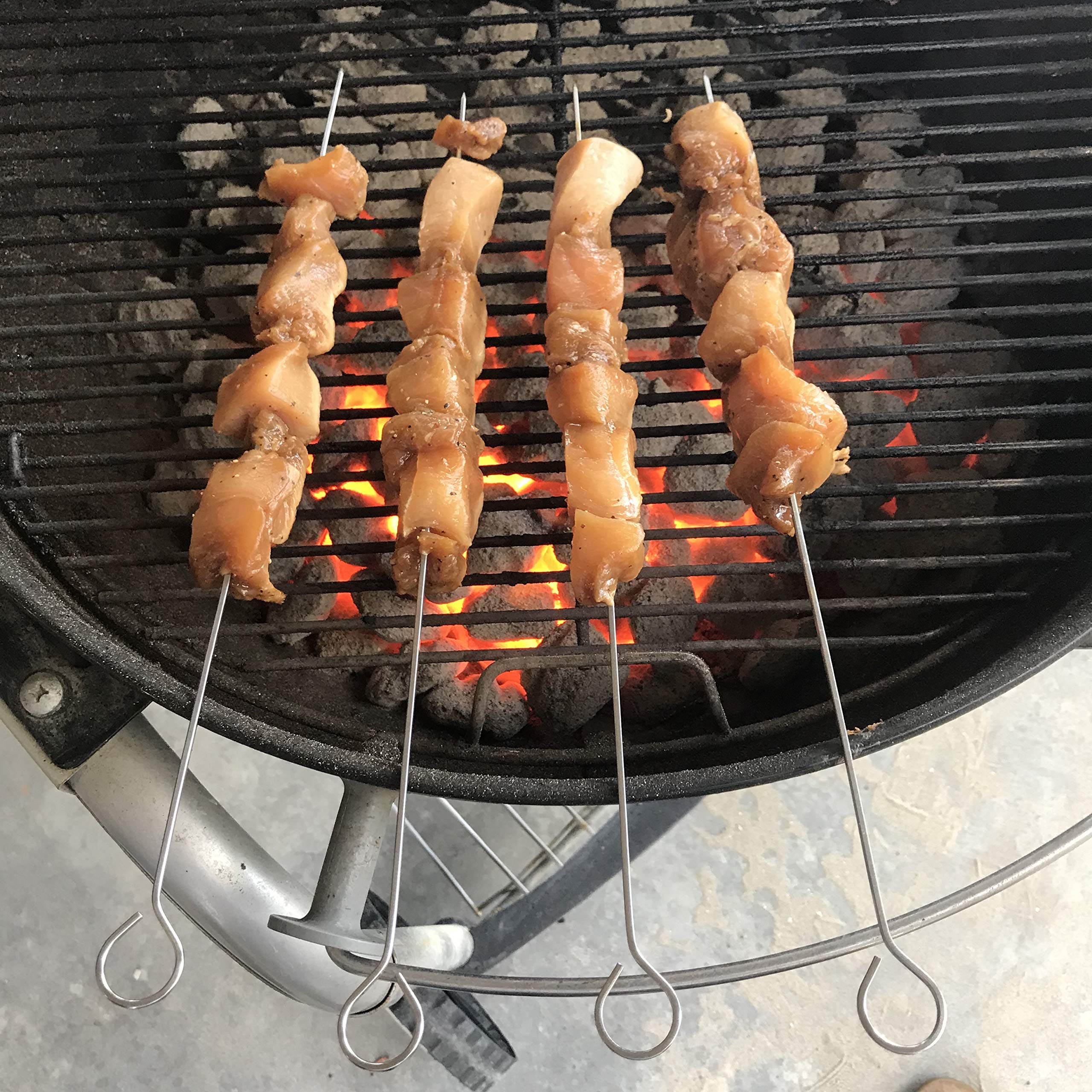 Grillers Choice skewers beside ruler showing 15-inch length for larger portions