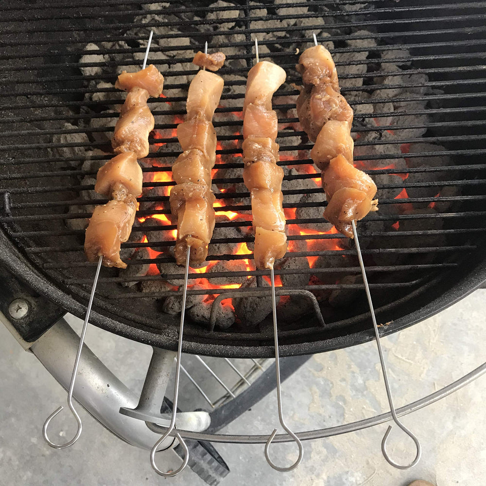 Grillers Choice skewers beside ruler showing 15-inch length for larger portions