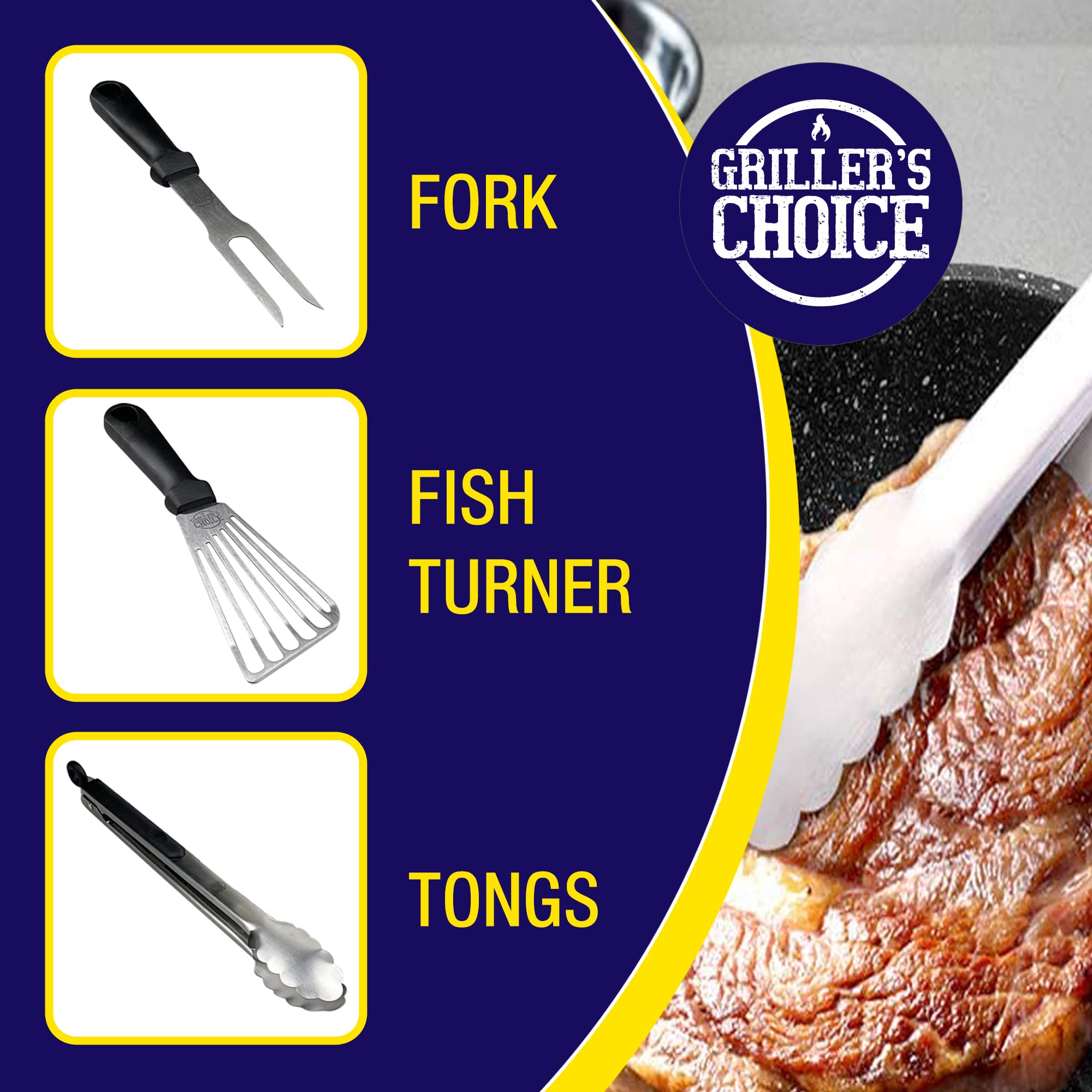 Grillers Choice tools laid out to show variety and professional kitchen readiness