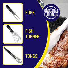 Grillers Choice tools laid out to show variety and professional kitchen readiness