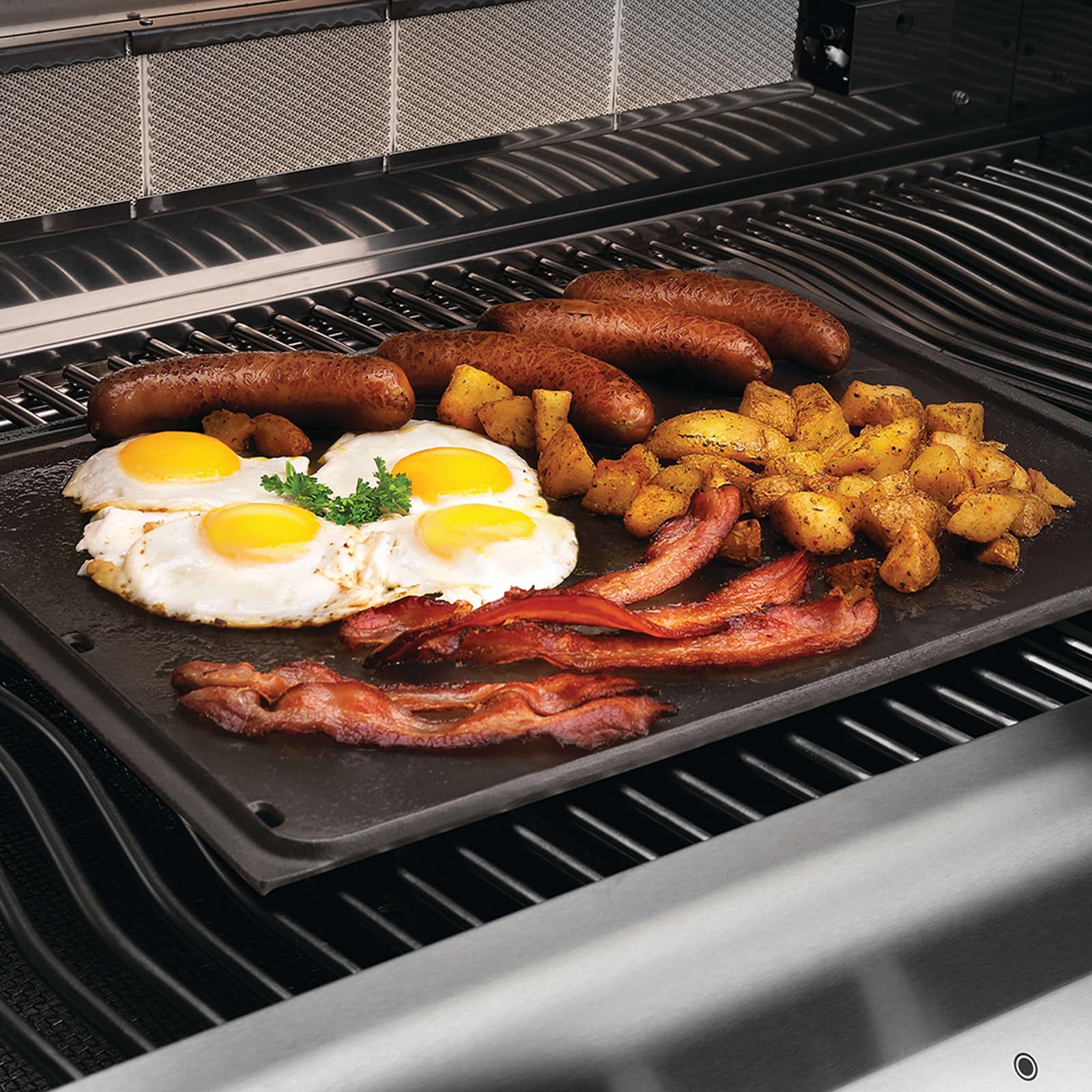 Grillflame packaged griddle with measurement label showing model compatibility
