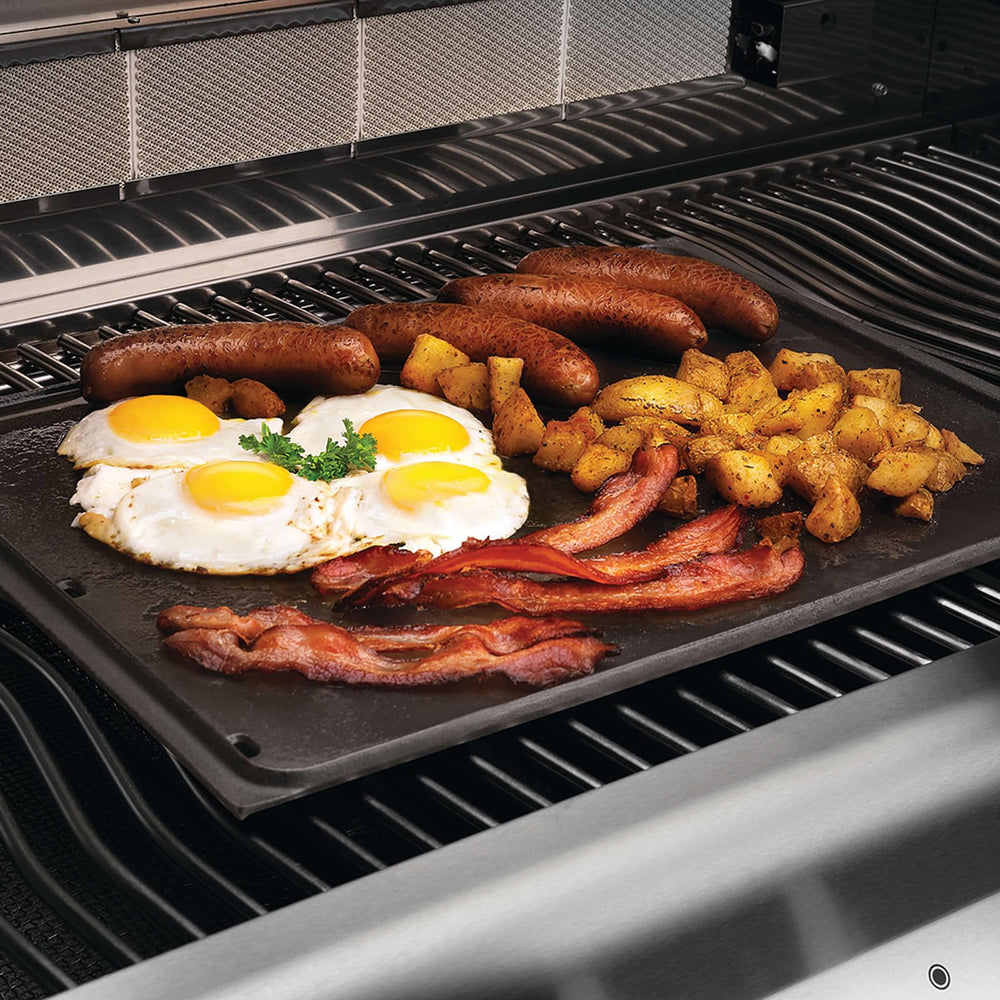 Grillflame packaged griddle with measurement label showing model compatibility