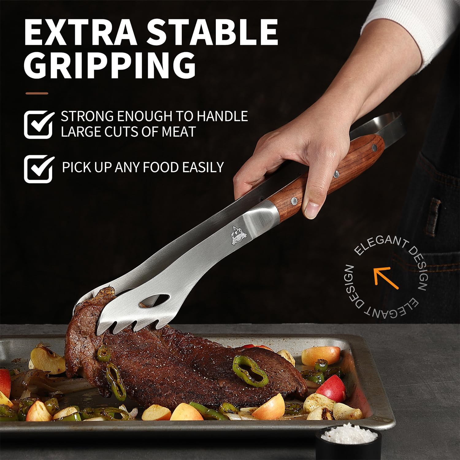 GRILLGEN tongs gripping a steak over grill demonstrating strong secure control