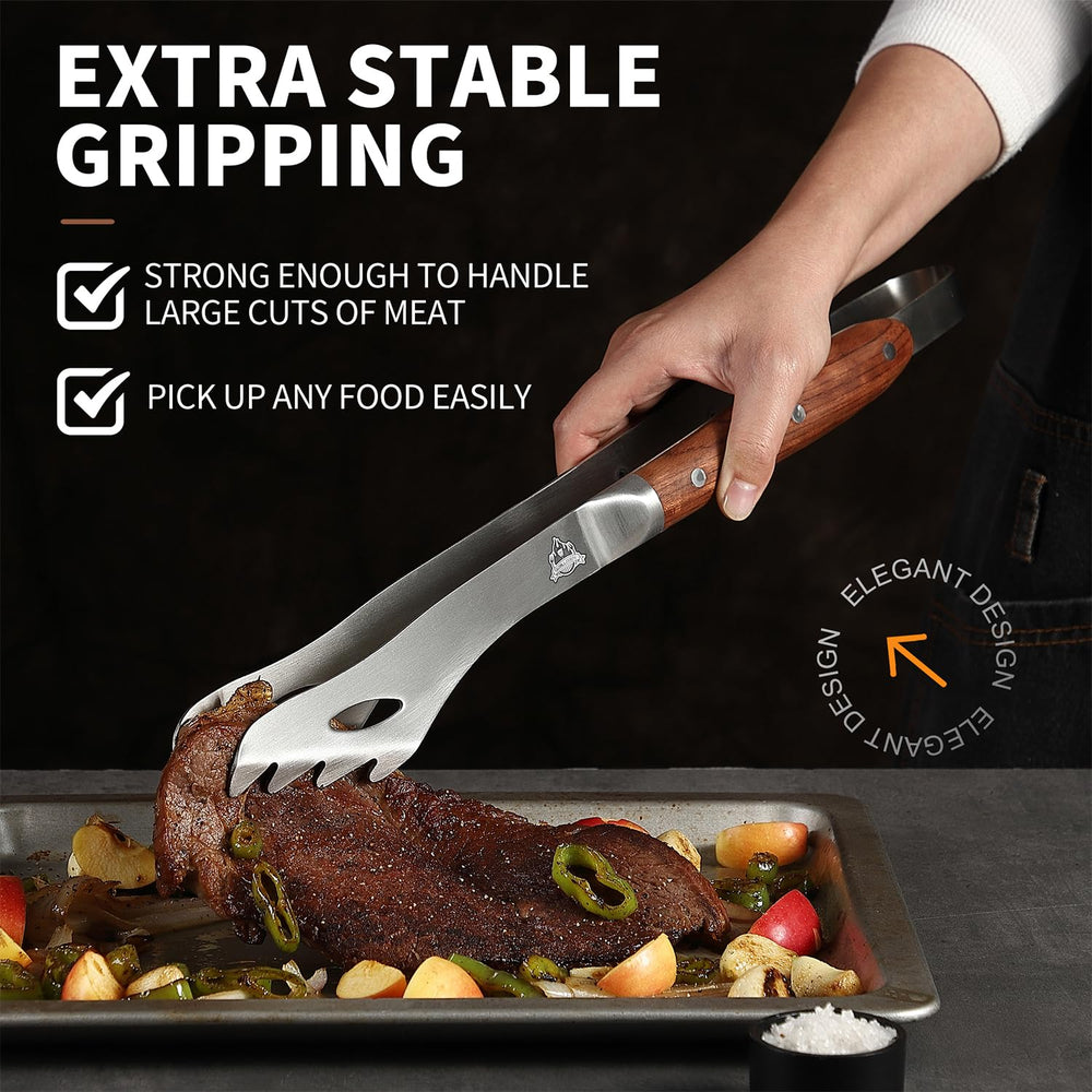 GRILLGEN tongs gripping a steak over grill demonstrating strong secure control