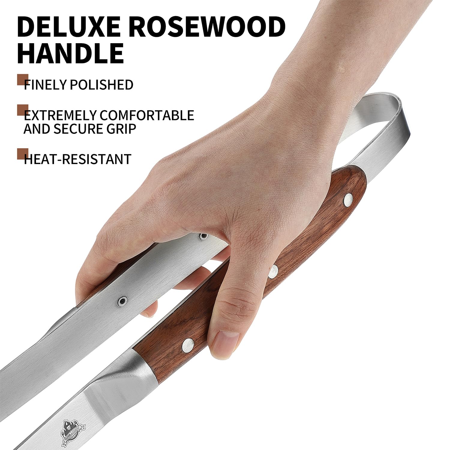 GRILLGEN using tongs to lift cast-iron pan showing heavy-duty strength benefit