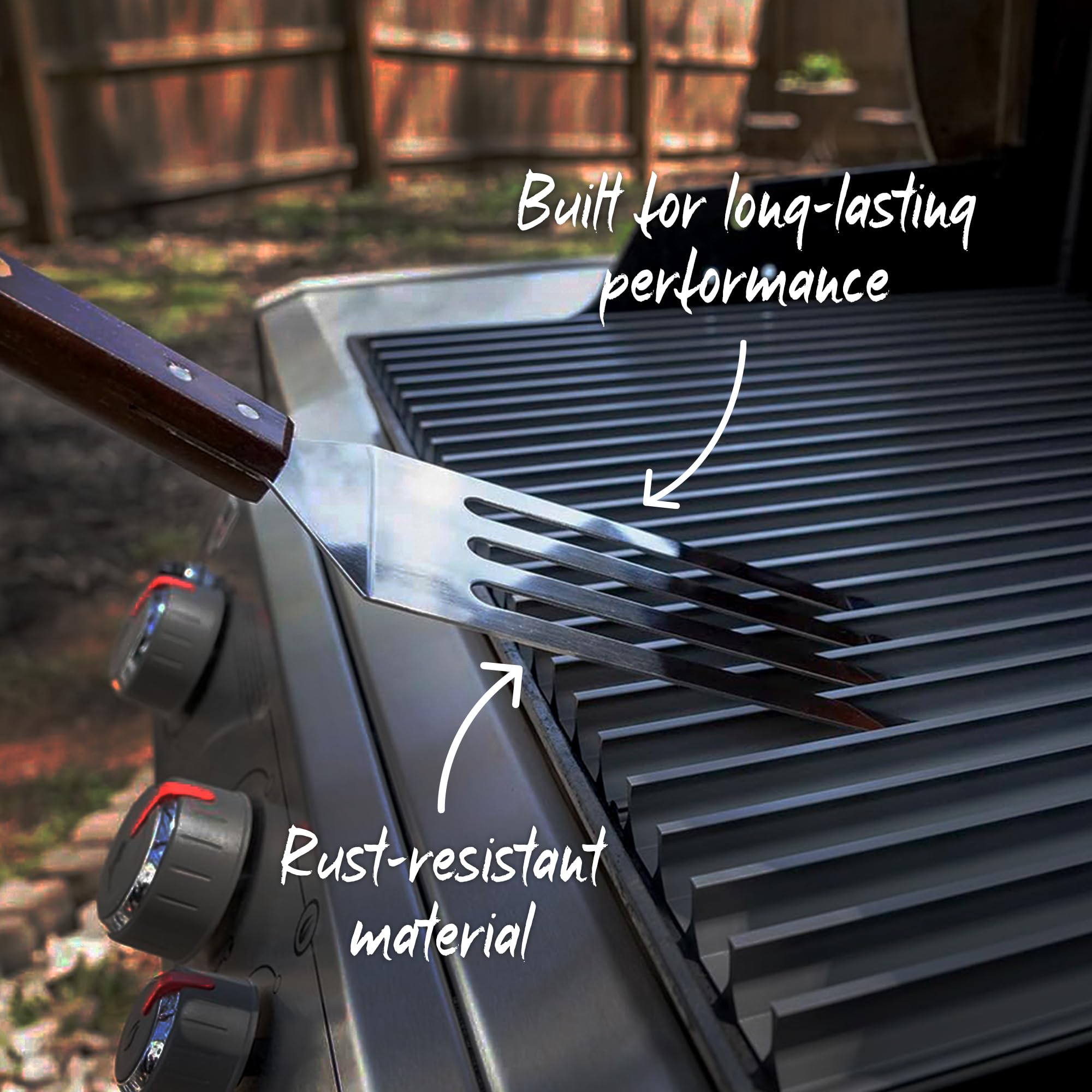 GrillGrate tool clearing crumbs between rails for easier cleanup benefit