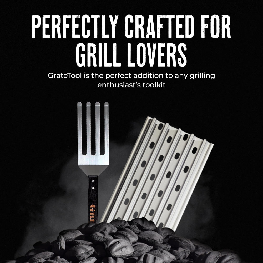 GrillGrate tool next to standard spatula showing size and control benefit