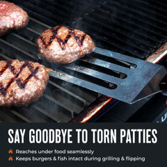 GrillGrate tool supporting steak on sear grate for safer handling benefit