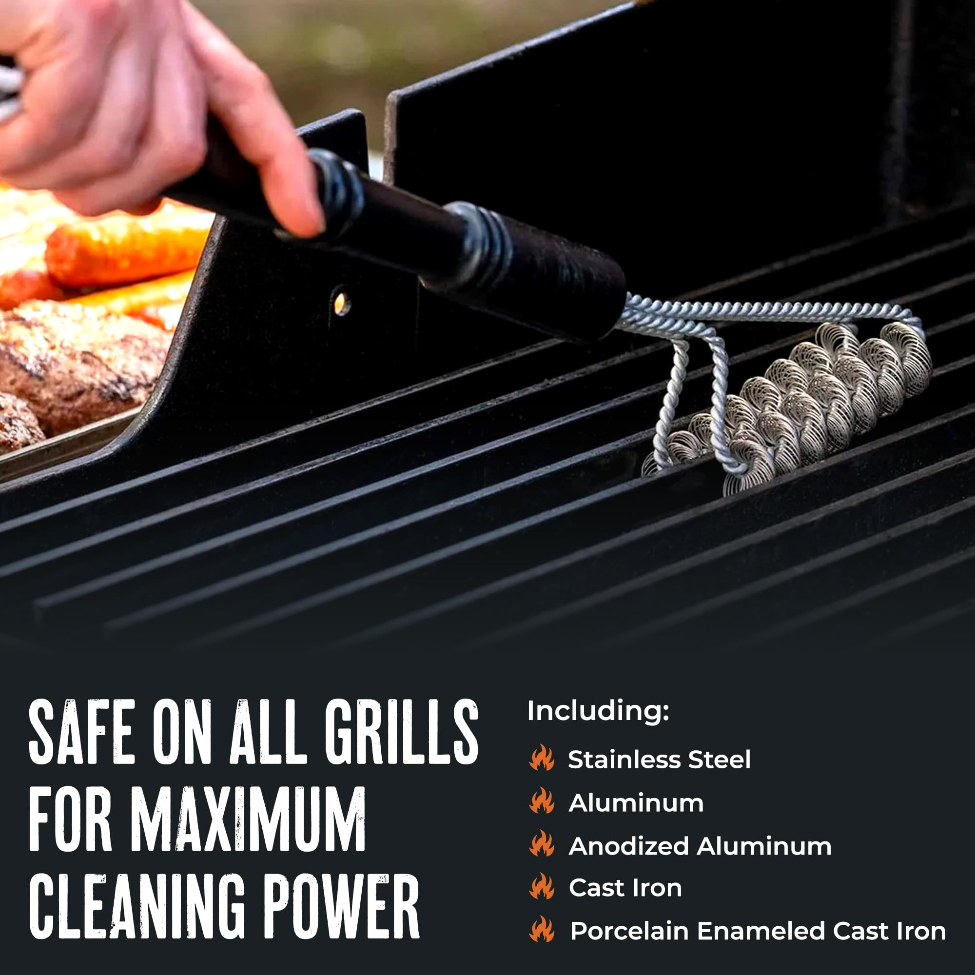 GrillGrate brush in use on sear grate demonstrating fast cleaning