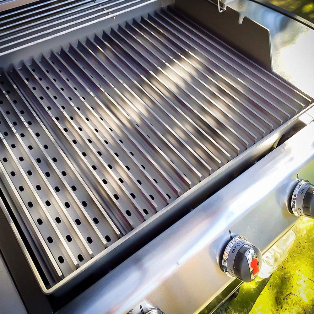 GrillGrate five interlocking panels installed showing consistent cooking surface benefit