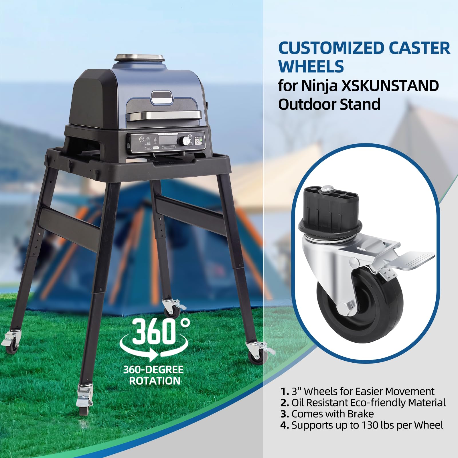 GRILLHOME close-up of caster brake and swivel, demonstrating secure locking